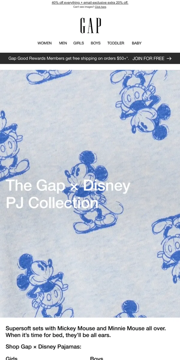 Email from GAP. NEW DISNEY PJ SETS