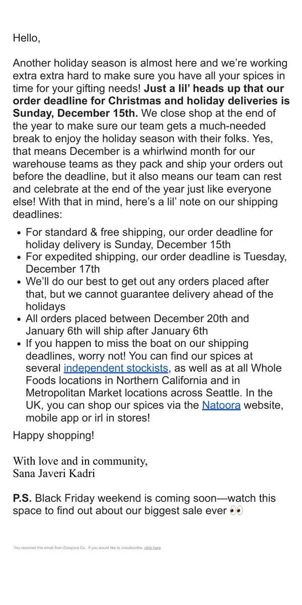 Email from Diaspora Co.. Place your order before the holidays