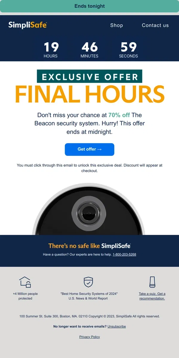 Email from SimpliSafe. Only hours left to grab your exclusive deal