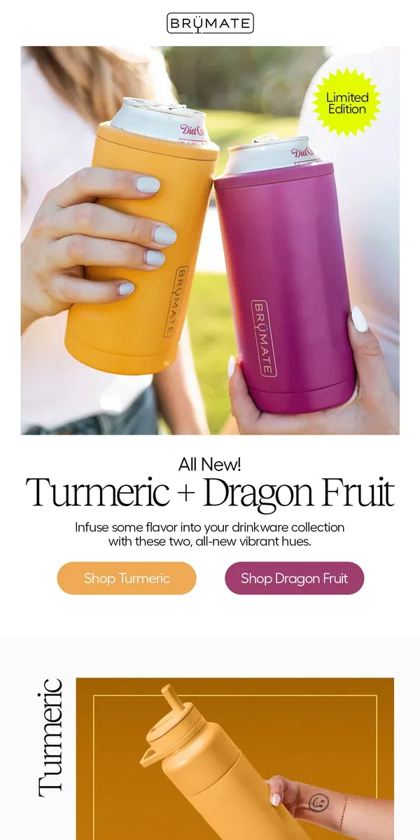 Email from BruMate. Drop Alert: Turmeric + Dragon Fruit 💛🐉💖