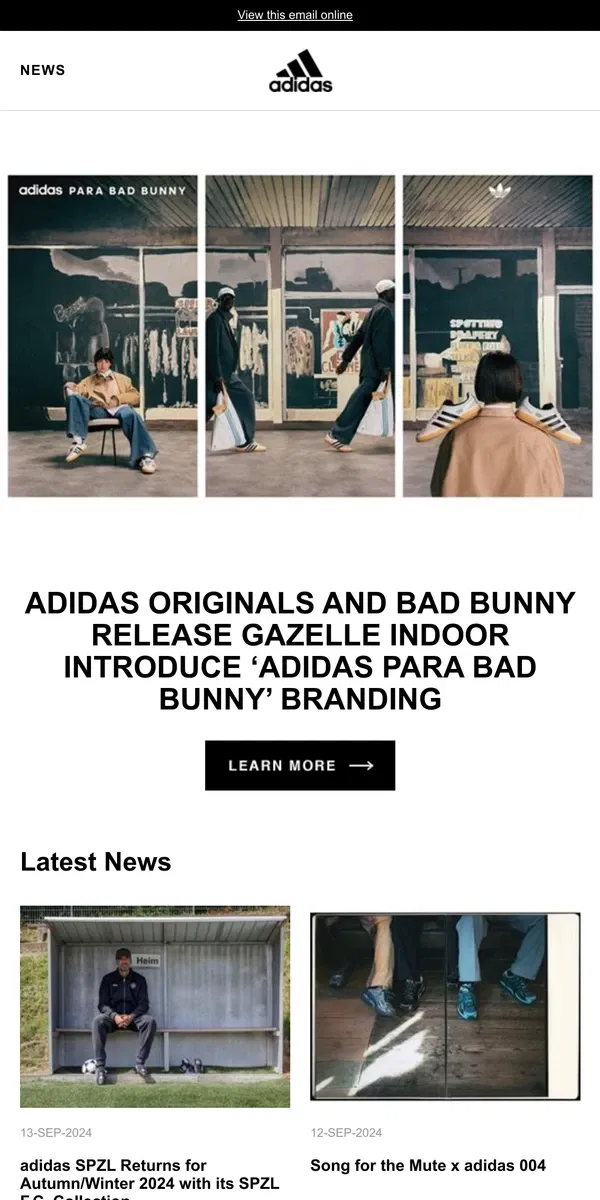 Email from Adidas. adidas Originals and Bad Bunny Release Gazelle Indoor Introduce ‘adidas PARA BAD BUNNY’ Branding