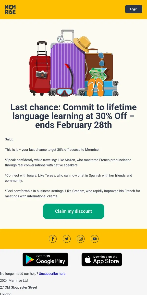 Email from Memrise. Commit to language learning at 30% Off – ends February 28th