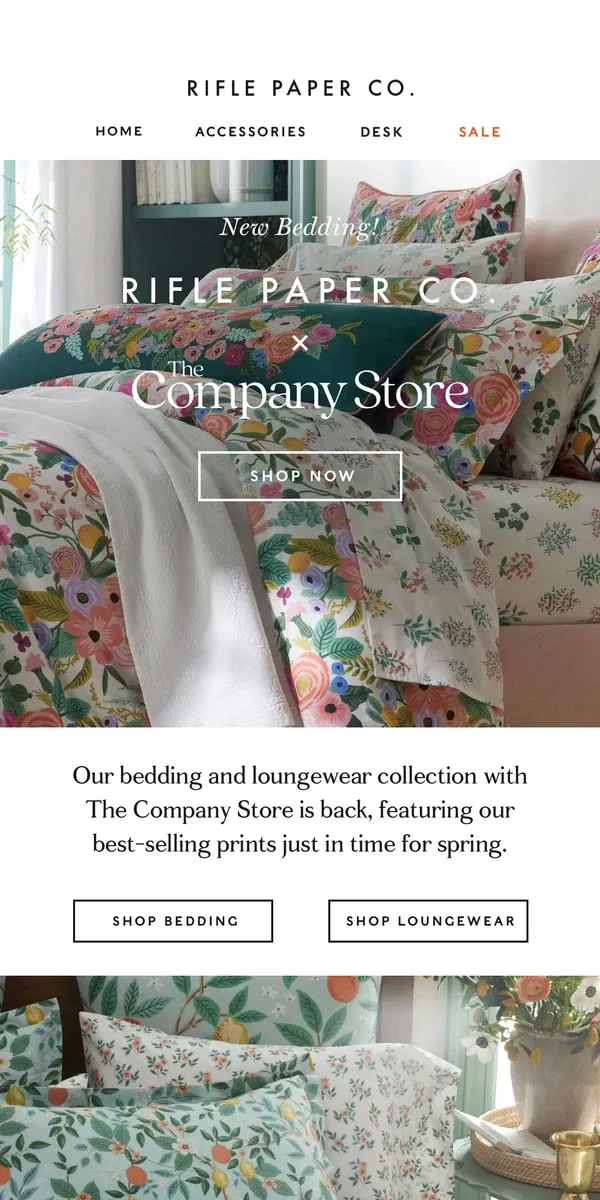 Email from Rifle Paper Co.. JUST ARRIVED: The Bedding Collection Of Your Dreams 🌸💛