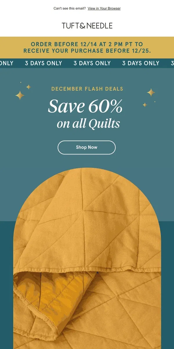 Email from Tuft & Needle. Flash Deal just dropped: 60% off ALL Quilts