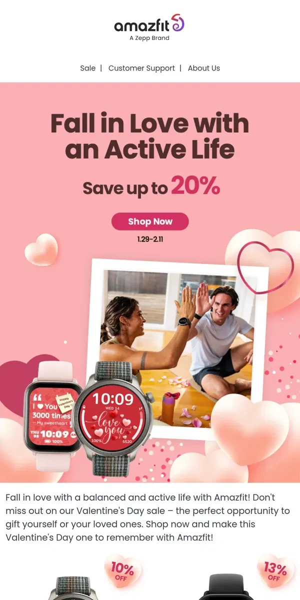 Email from Amazfit. Up to 20% Off Valentine's Day Sale: Find the Perfect Gift!