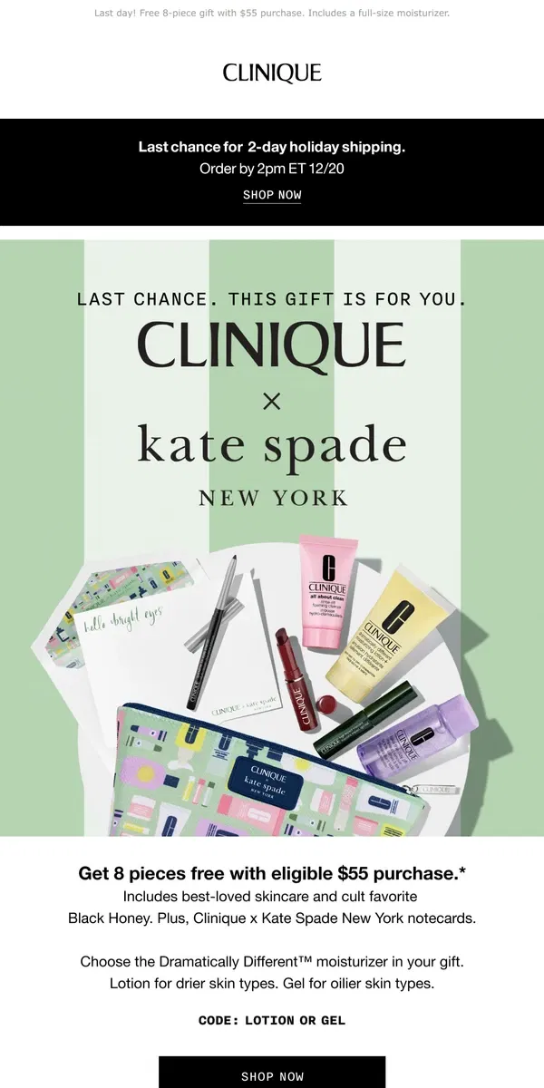 Email from Clinique. ⏰ THIS. IS. IT. Clinique x Kate Spade New York Gift.