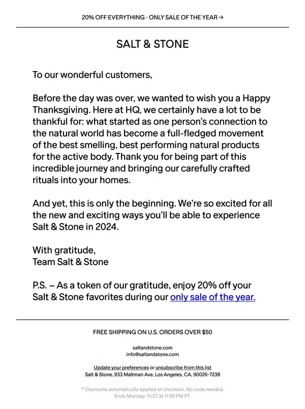 Email from SALT & STONE. Happy Thanksgiving From Salt & Stone