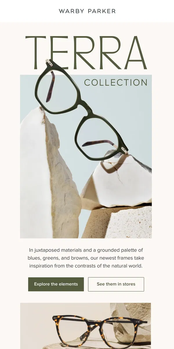 Email from Warby Parker. Introducing Terra Collection