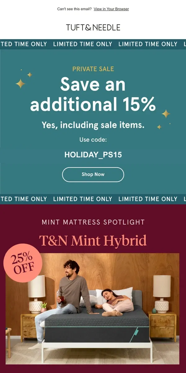 Email from Tuft & Needle. A Holiday Sale miracle!