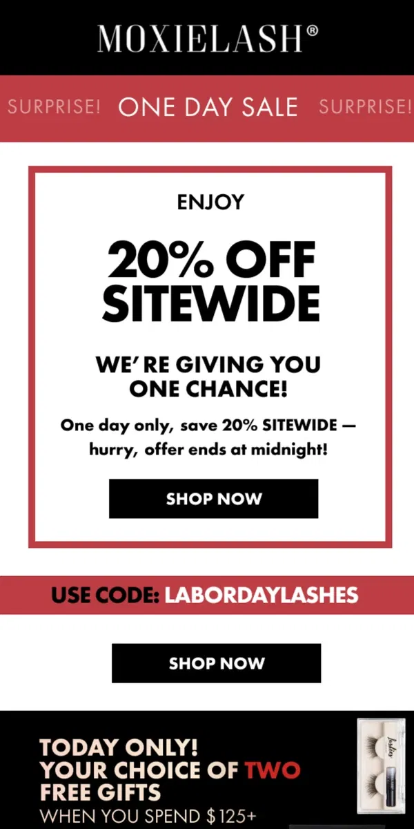 Email from MoxieLash. Surprise! 20% Off Sitewide Ends Tonight!