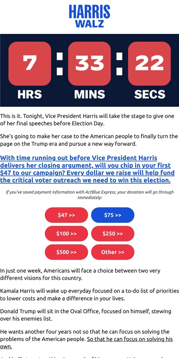 Email from Kamala Harris. In just hours