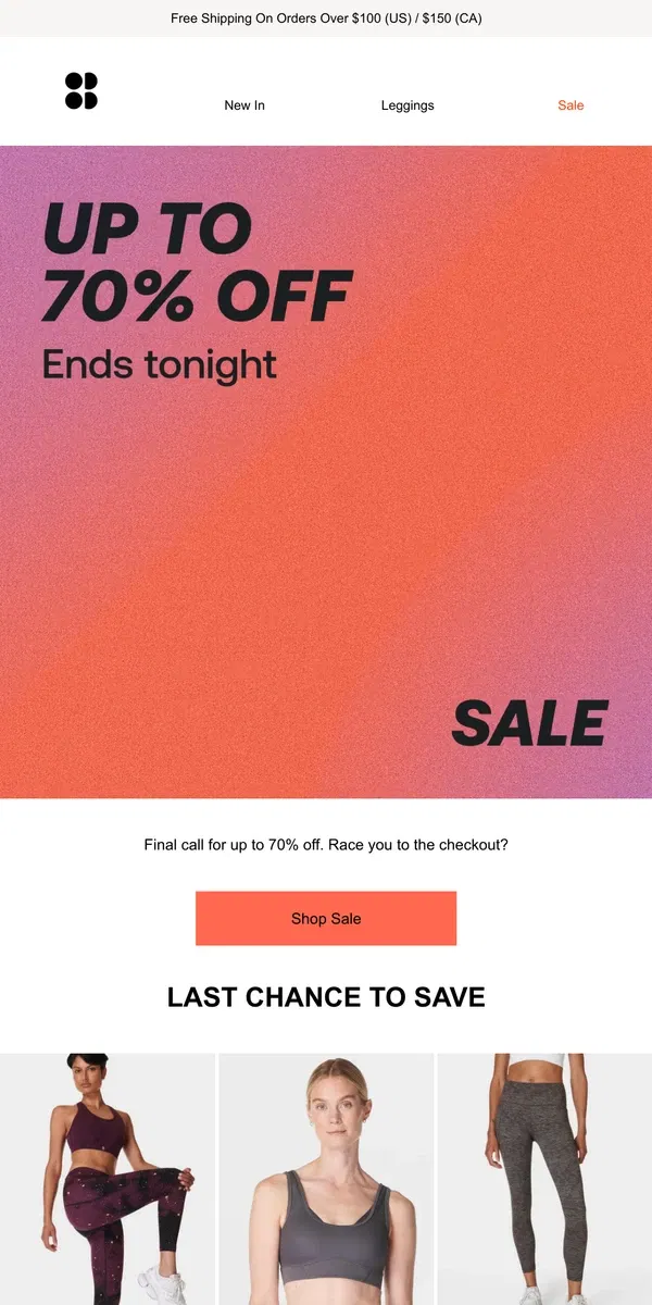 Email from Sweaty Betty. ENDS TONIGHT | Last chance to save up to 70% ⏰