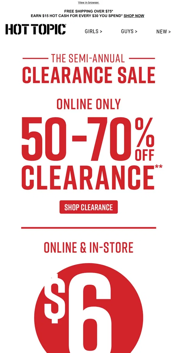 Email from Hot Topic. 🎉 50%-70% Off Clearance + $6 Tees 🎉