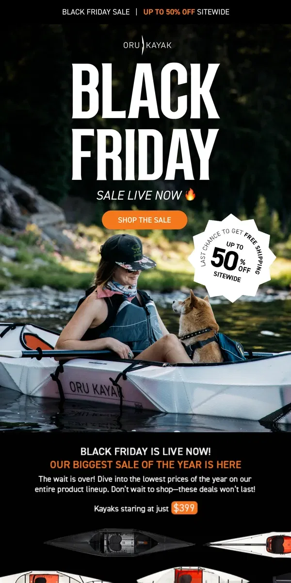 Email from Oru Kayak. LAST CALL 🚨 Free Shipping + Up to 50% Off