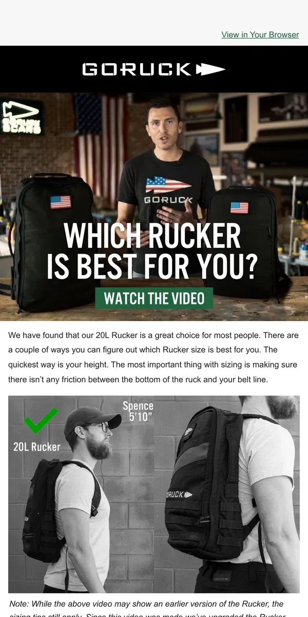 Email from GORUCK. Get the Right Rucker Fit