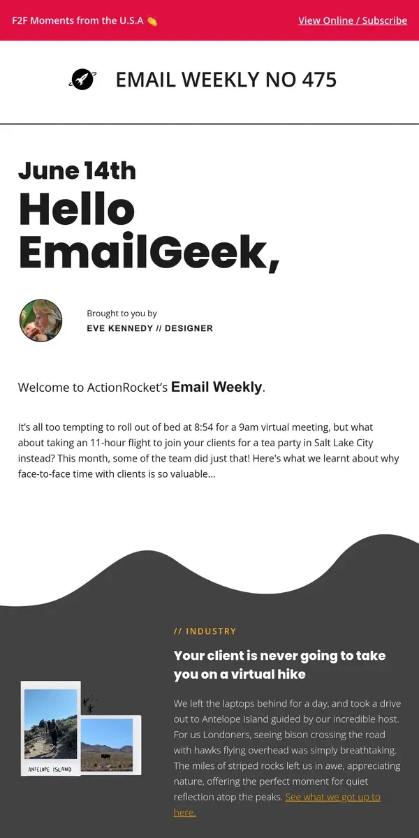 Email from ActionRocket. EmailWeekly #475: Unlimited treats & hikes