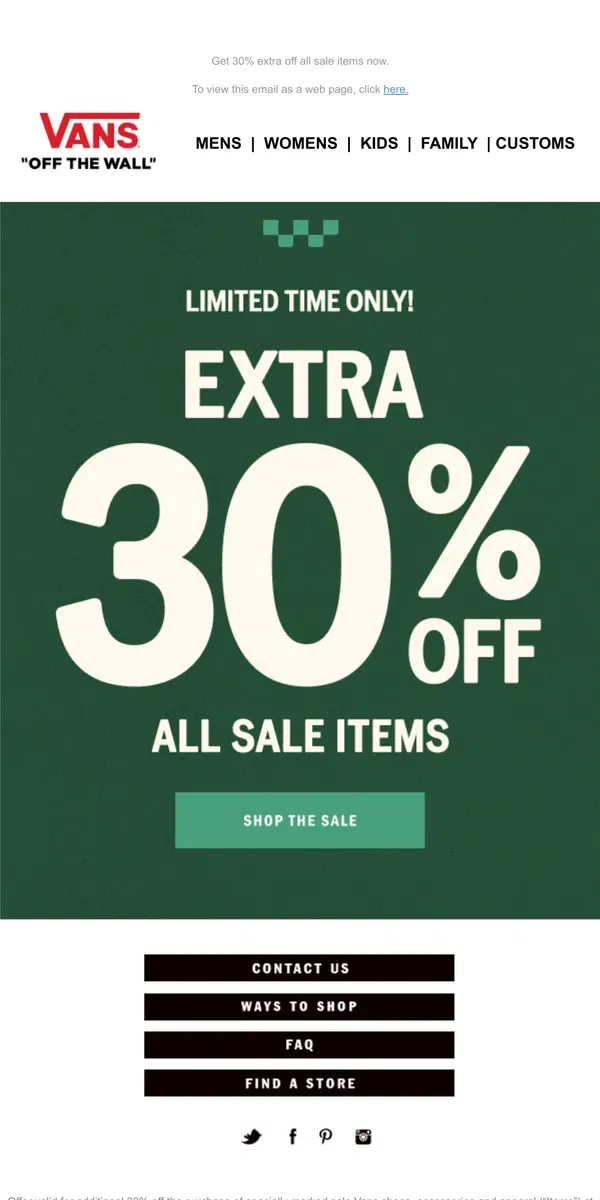 Email from Vans. ALL SALE IS AN EXTRA 30% OFF!