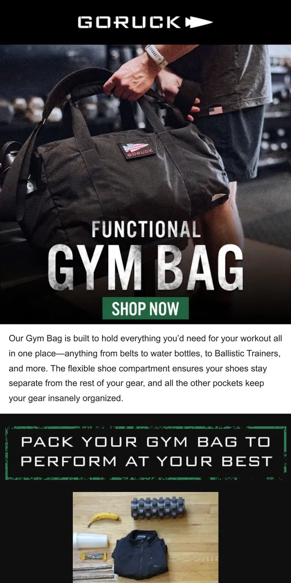 Email from GORUCK. All Your Gym Essentials in One Bag