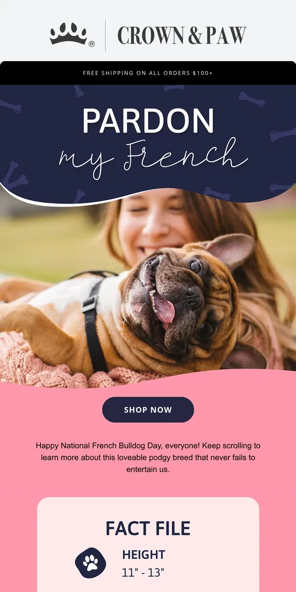 Email from Crown & Paw. National French Bulldog Day 🐶