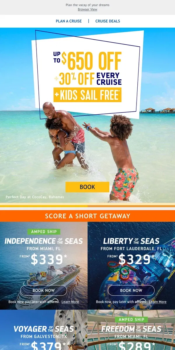 Email from Royal Caribbean. *Amazing Offer Alert* Open to receive MASSIVE savings on your next getaway