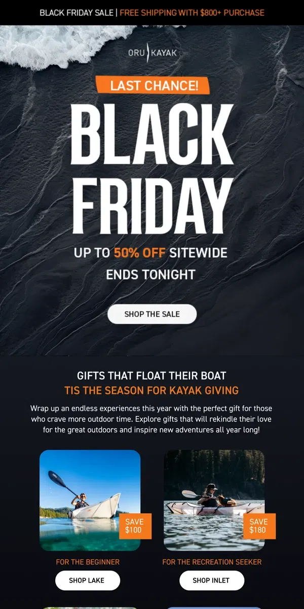 Email from Oru Kayak. FINAL HOURS ⏰ BLACK FRIDAY SALE ENDS TONIGHT