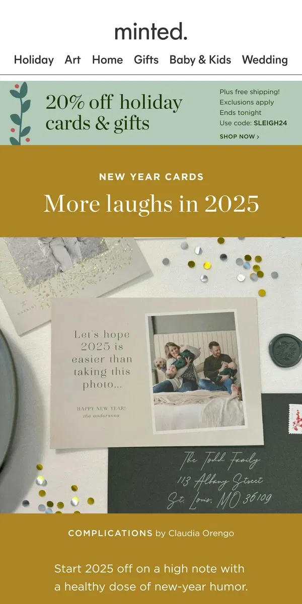 Email from Minted. 20% off funny New Year cards