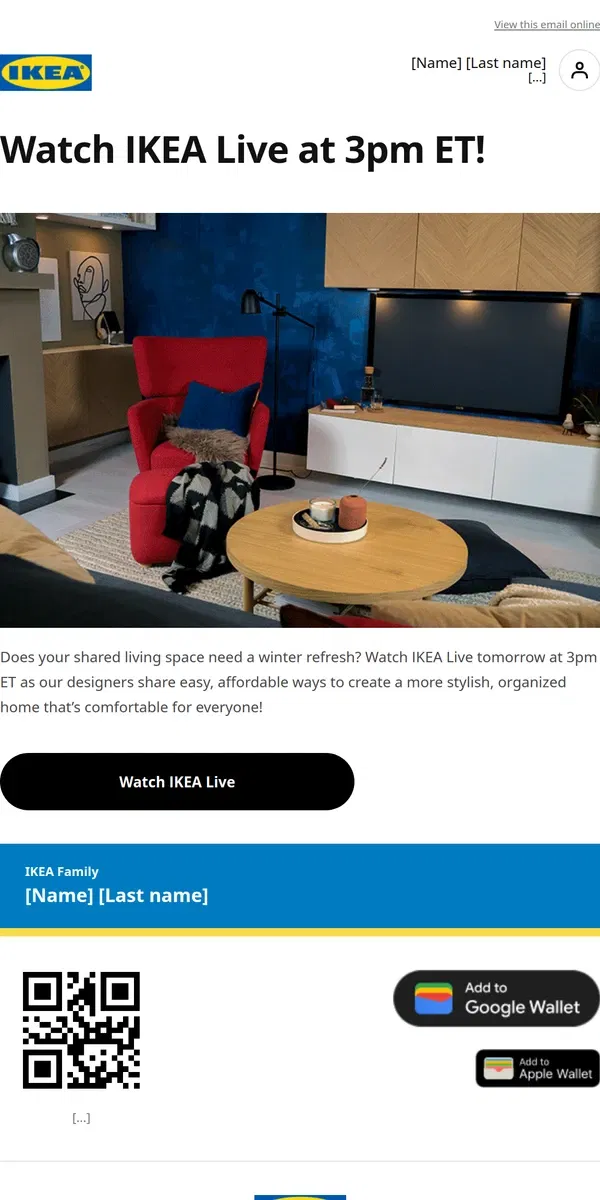 Email from IKEA. Join us for IKEA Live tomorrow!