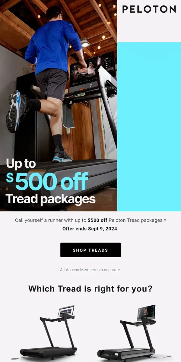 Email from Peloton. This Labor Day Weekend: Up to $500 off select packages