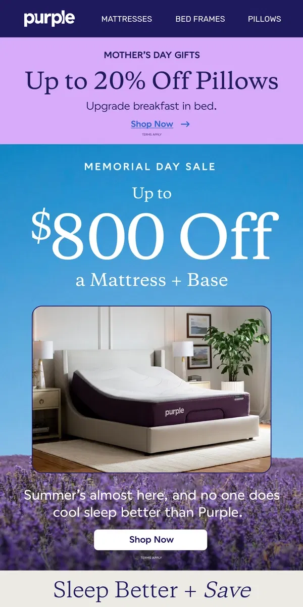 Email from Purple. Up to $800 Off a Mattress and Base