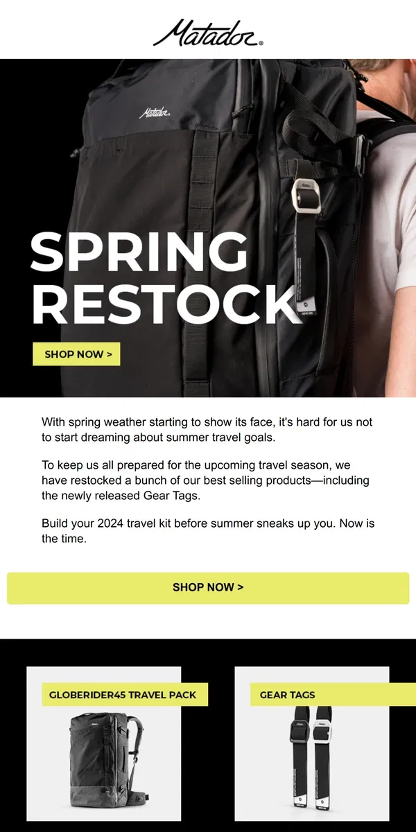 Email from Matador. Spring Restock: Best Sellers