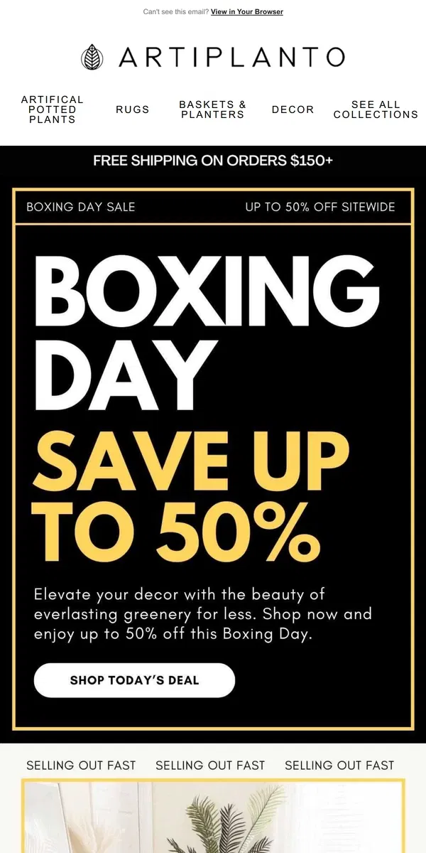 Email from Artiplanto. 🌿Boxing Day Sale: Up to 50% Off Sitewide