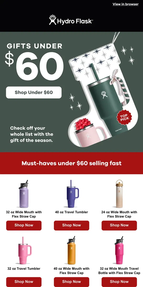 Email from Hydro Flask. Gifts under $60? Yes please.