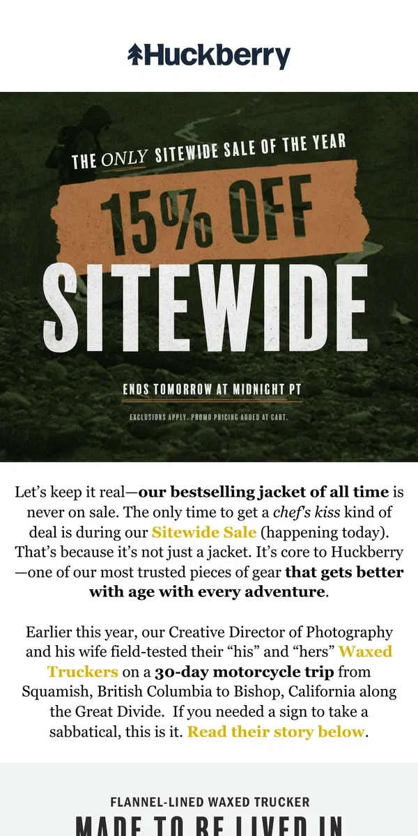 Email from Huckberry. Our #1 Jacket Is Never On Sale