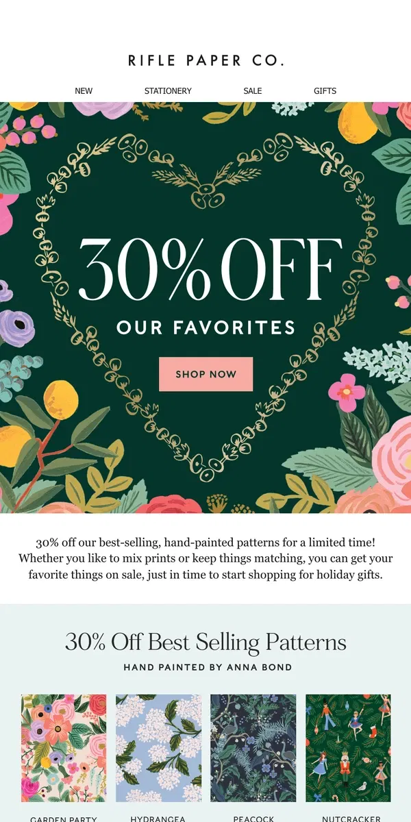 Email from Rifle Paper Co.. 30% off Best Selling Patterns