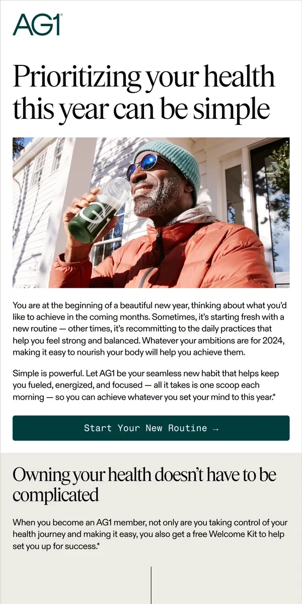 Email from AG1 by Athletic Greens. The easy morning routine to feel your best this year