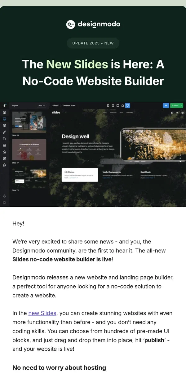 Email from Designmodo. The New Slides is Here: A No-Code Website Builder