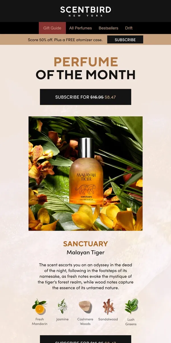 Email from Scentbird. Perfume of the Month: Sanctuary Malayan Tiger