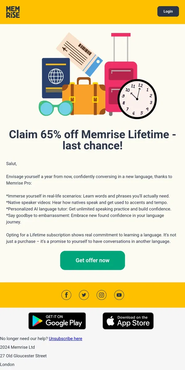 Email from Memrise. Final 6 hours: claim 65% off Memrise Lifetime