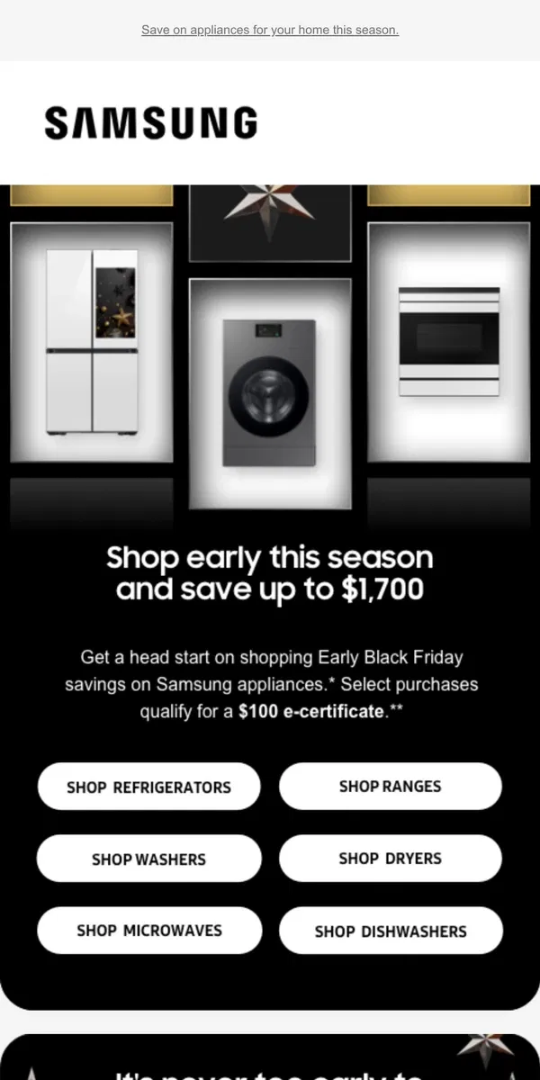 Email from Samsung. [Name], save up to $1,700 and unlock Early Black Friday deals