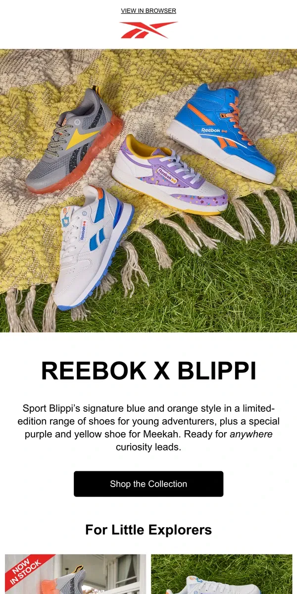 Email from Reebok. New Reebok x Blippi style in stock 🧡💙