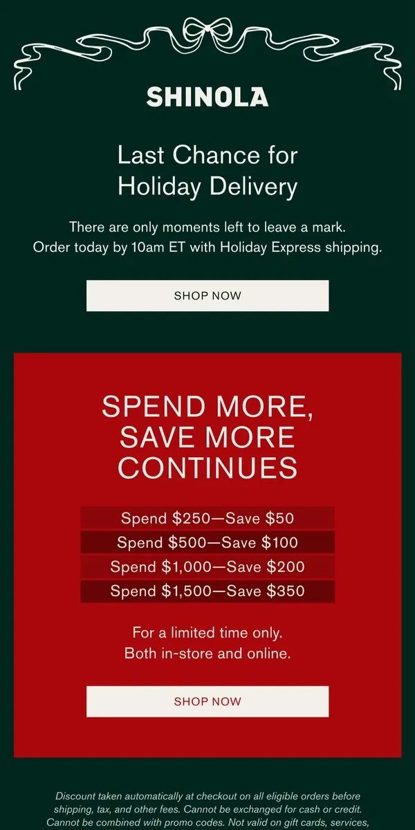 Email from Shinola Detroit. Last Chance for Holiday Delivery