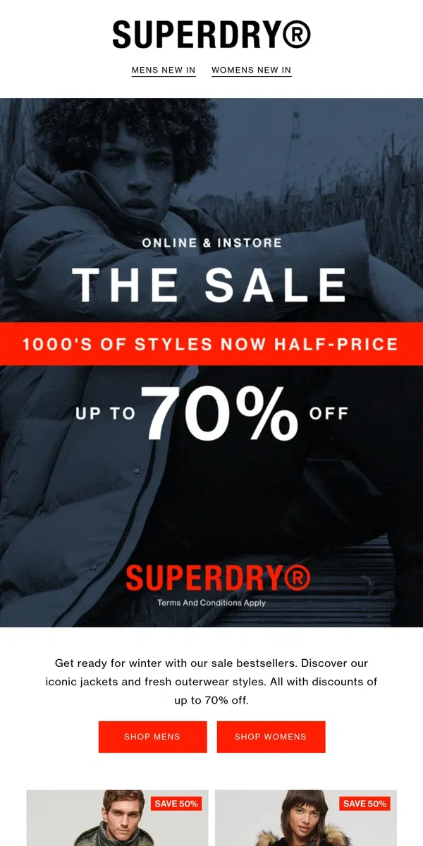 Email from Superdry. Jacket Up: Defy Winter With Up To 70% Off