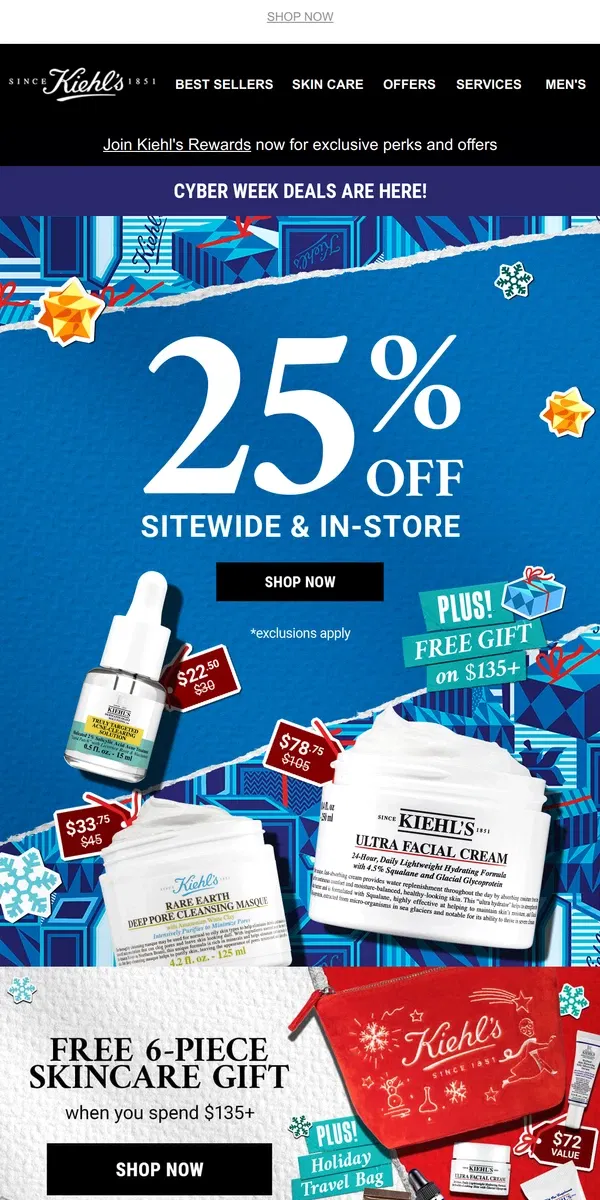 Email from Kiehl's. Ready, Set, Glow: 25% Off Sitewide + a FREE 6-Piece Gift!