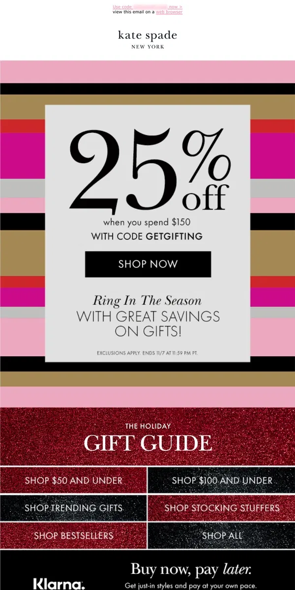 Email from Kate Spade. Treat yourself! Save up to 25%