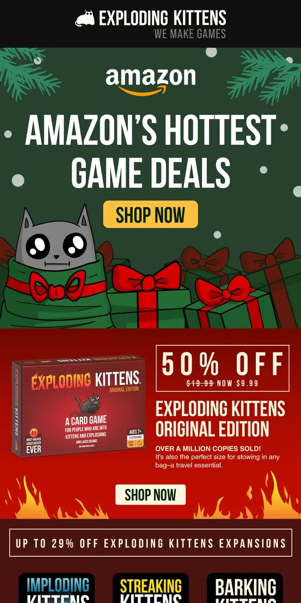 Email from Exploding Kittens. Up to 50% off on Amazon! 🎁