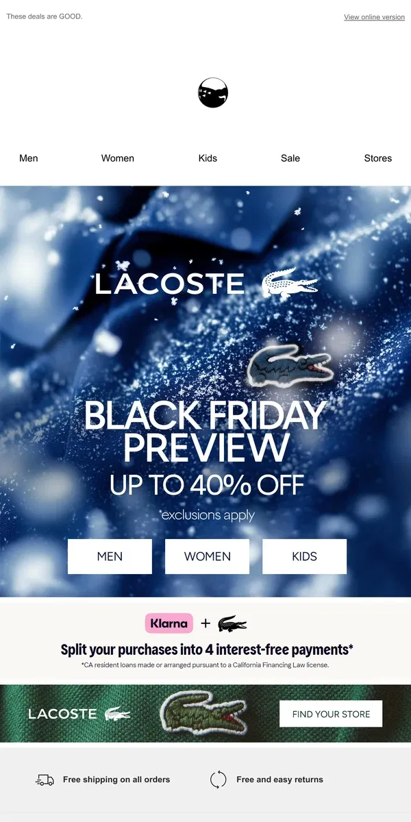 Email from Lacoste. BLACK FRIDAY PREVIEW | Up to 40% OFF