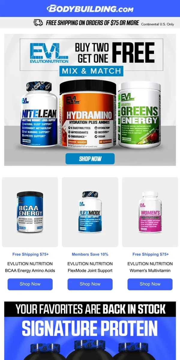 Email from Bodybuilding.com. Fuel your fitness with EVL—buy 2, get 1 free while supplies last!