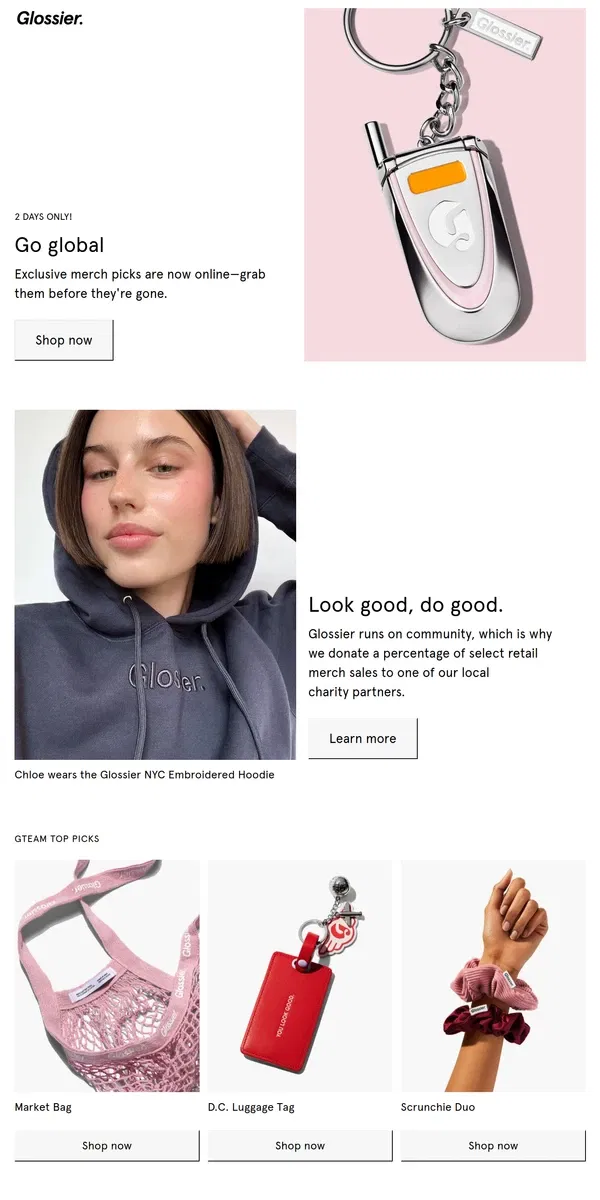 Email from Glossier. Merch is back