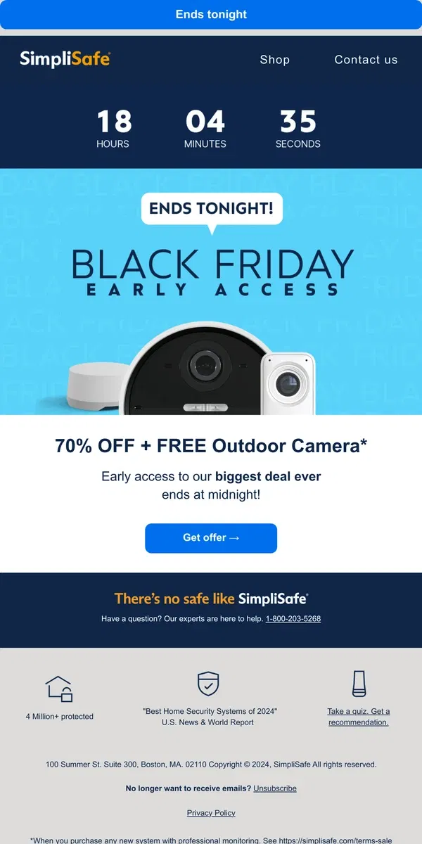 Email from SimpliSafe. Tonight, Black Friday Early Access is over