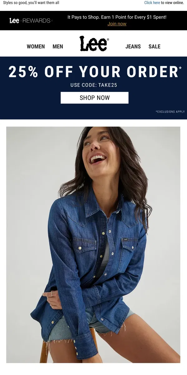 Email from Lee. Tops, jeans, and 25% off